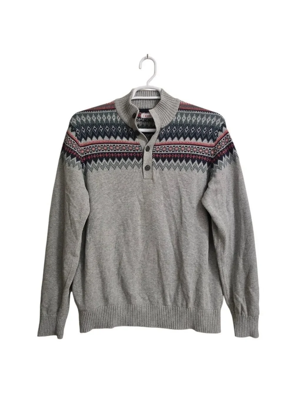 Izod Saltwater Harbor Fair Isle Quarter Button Knit Sweater Sz XL